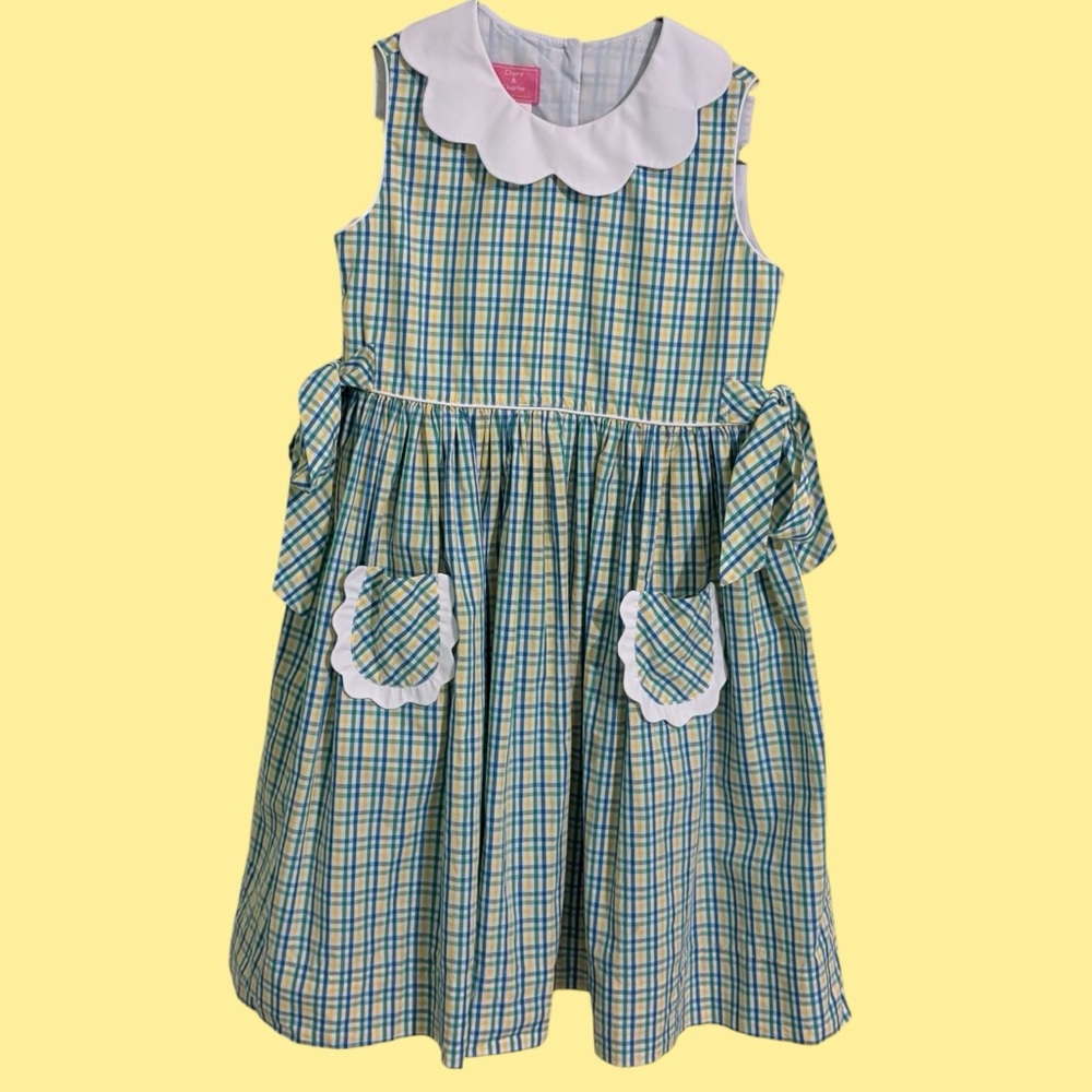 Claire & Charlie Plaid Easter Dress With Pockets Youth Size 6X Scalloped Collar